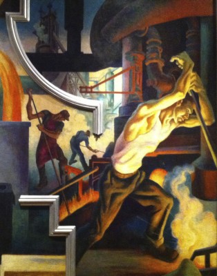 Detail of "Steel," from "America Today." Jackson Pollock, Benton's student at the time,  reportedly posed for the foreground figure of the steelworker.