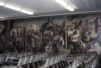 "Changing West," "Midwest," and part of "Deep South," sections of Benton's mural at the New School in 1971, when the boardroom was used as a classroom.
