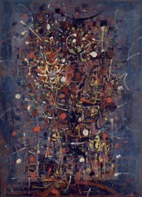 "Fireworks," 1950. Gouache on paper mounted on board.