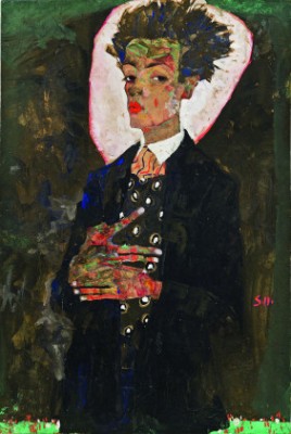 "Self-Portrait with Peacock Waistcoat, Standing," 1911. Gouache, watercolor and crayon.