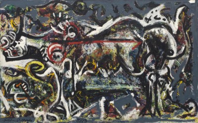"The She-Wolf," 1943; Oil, gouache, and plaster on canvas, 41 7/8 x 67 ins. The Museum of Modern Art. Purchaces2011 The Pollock-Krasner Foundation/Artists Right Society (ARS), New York.